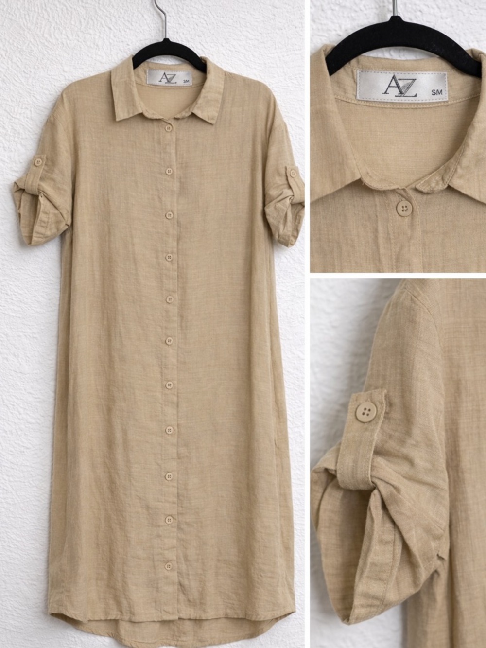 Zara Tan Button-Front Linen Midi Dress